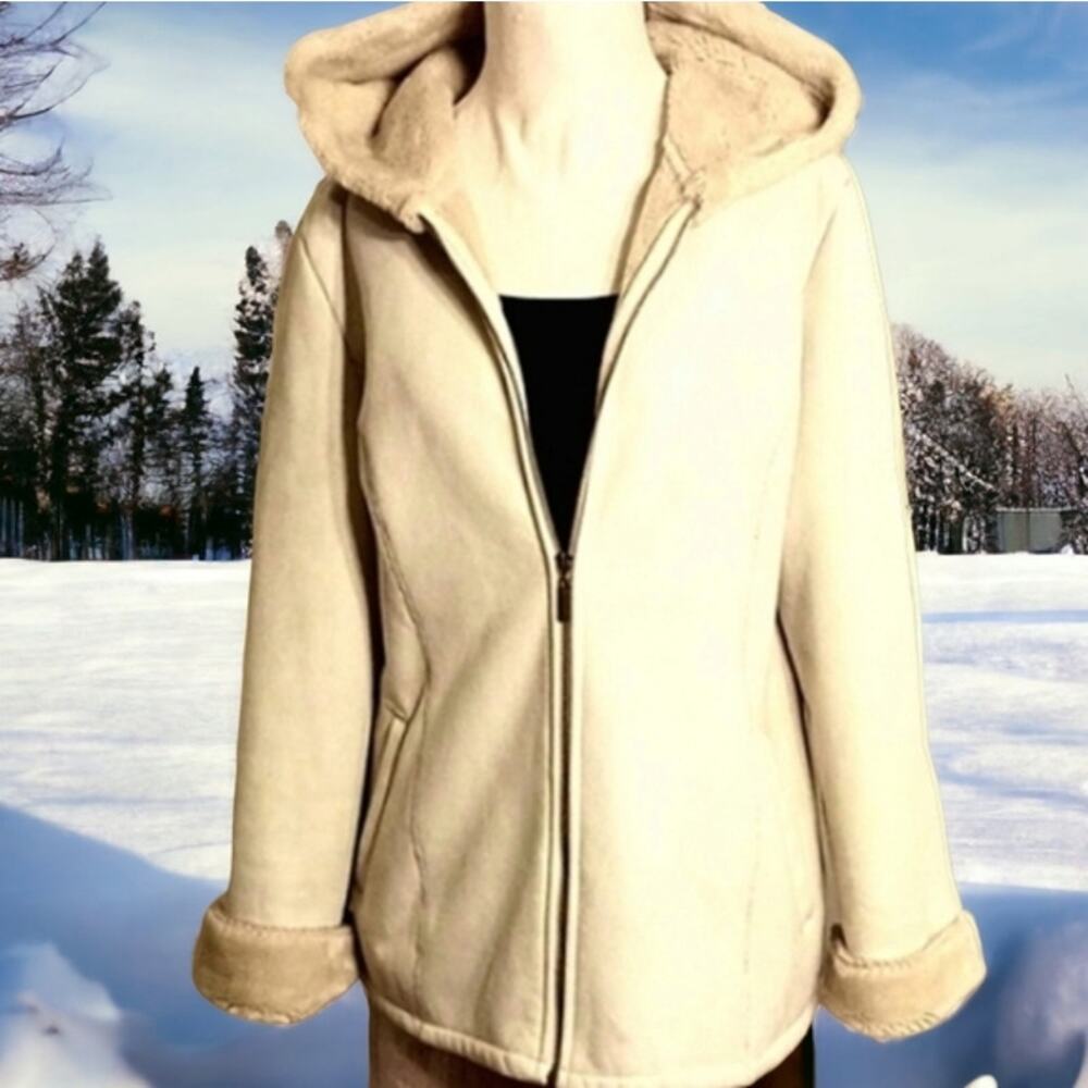 Marvin Richards Coat Women's Sz M Beige Fleece Lined Faux Suede Hood Warm Jacket - Picture 2 of 16